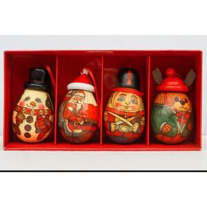 Vintage Hand Painted Wooden Christmas Ornaments Set of 4 Snowman Santa Bear